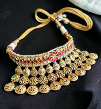 Load image into Gallery viewer, Ruby White Gold plated 1gm Lakshmi choker ethnic temple necklace set
