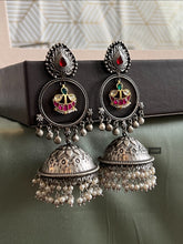 Load image into Gallery viewer, Long Dangling German Silver Pachi Kundan jhumka earrings
