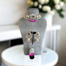 Load image into Gallery viewer, Nina Hot pink pearl Premium Mirror choker necklace set with maangtikka
