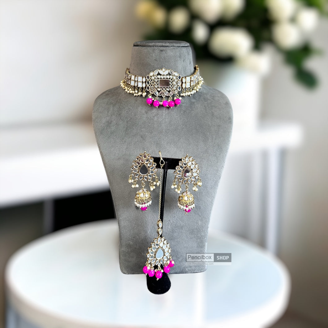 Nina Hot pink pearl Premium Mirror choker necklace set with maangtikka