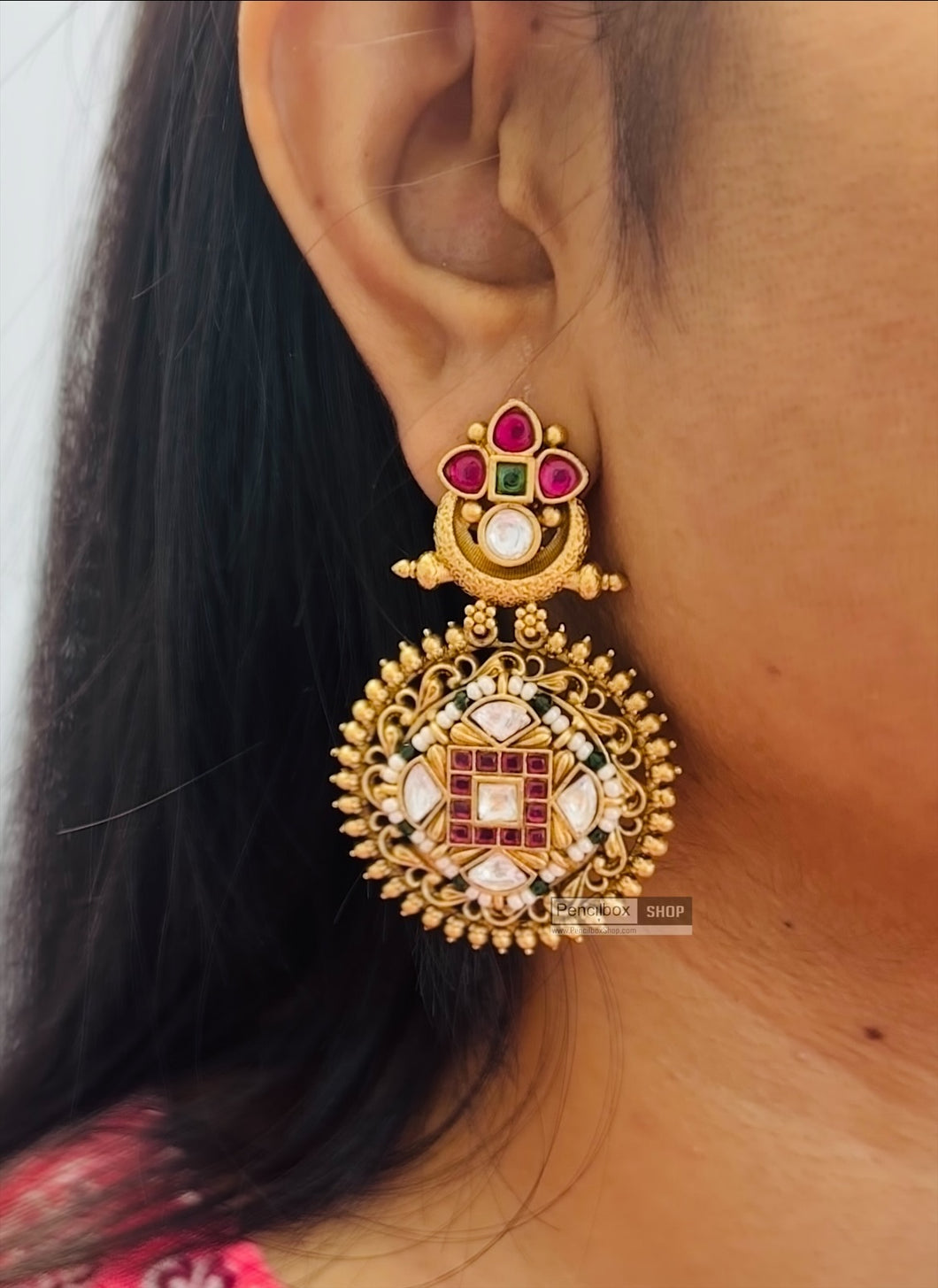 LEELA Multicolor Temple Kemp stone ethnic Gold Finish earrings