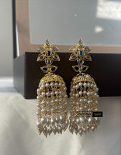 Load image into Gallery viewer, 14k Gold plated Flower Royal Blue Pearl Temple earrings
