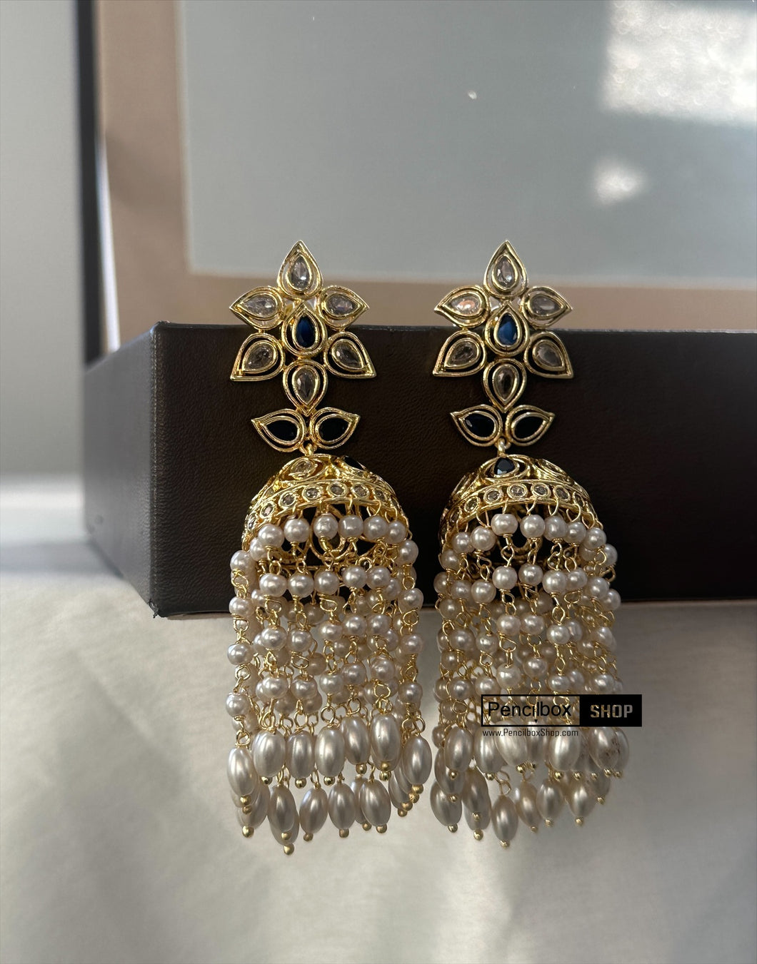 14k Gold plated Flower Royal Blue Pearl Temple earrings