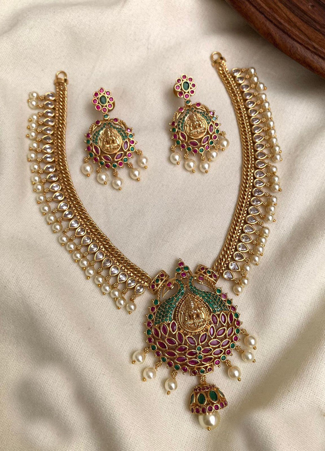 Golden Cz Dainty Antique Kemp Stone lakshmi ji  Temple Necklace set