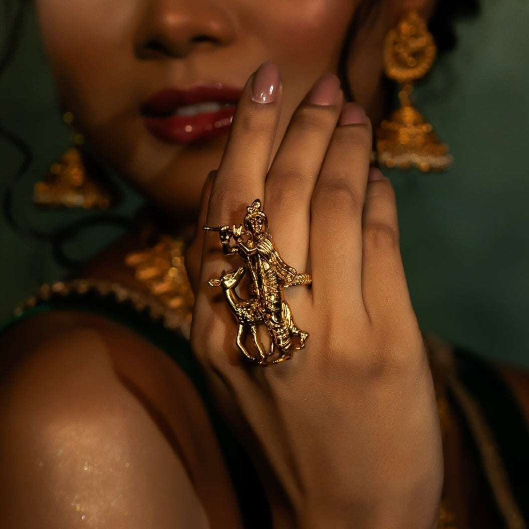 Golden Brass Krishna Deer Ring Ethnic adjustable