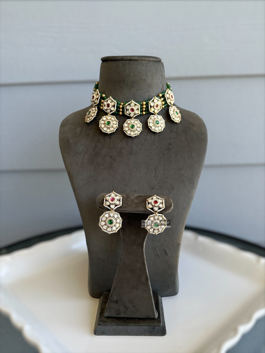 Ruby Green kemp stone hydro beads Choker Necklace set Temple Jewelry