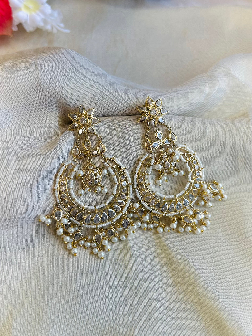 14k Gold plated White Flower Chandbali Jhumka earrings