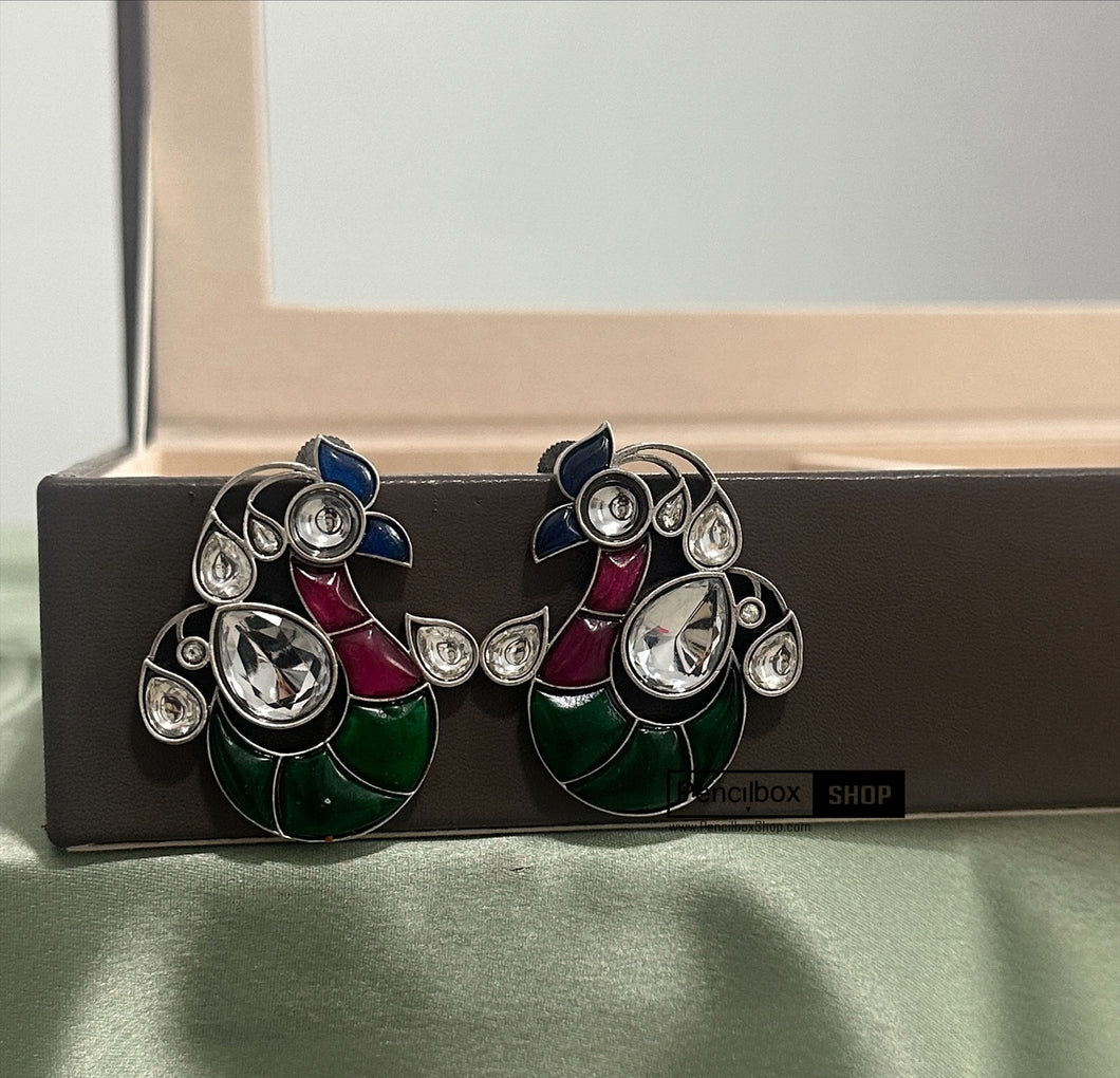 German Silver pachi Peacock Stud Earrings