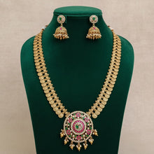 Load image into Gallery viewer, Pachi kundan Long Coin lakshmi ji Peacock Cz Long Haram necklace set
