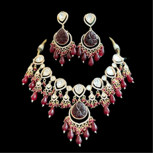Load image into Gallery viewer, 22k gold plated Ruby Carved Stone Drop Tayani Necklace set

