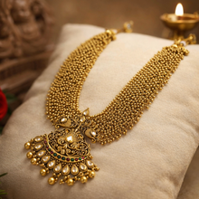 Load image into Gallery viewer, Multicolor Kemp Stone Pearl Kundan Golden Designer Haram Necklace set
