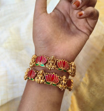 Load image into Gallery viewer, NEW LAUNCH Lotus Lakshmi ji Enamel Ruby green Openable Bangle set
