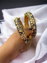 Load image into Gallery viewer, 22k gold plated Tayani Blue enamel Flower Pair of Bangles
