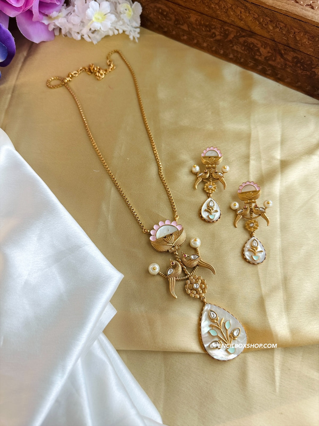 Inlay Gold plated moissanite Stone Long Pendant Necklace set