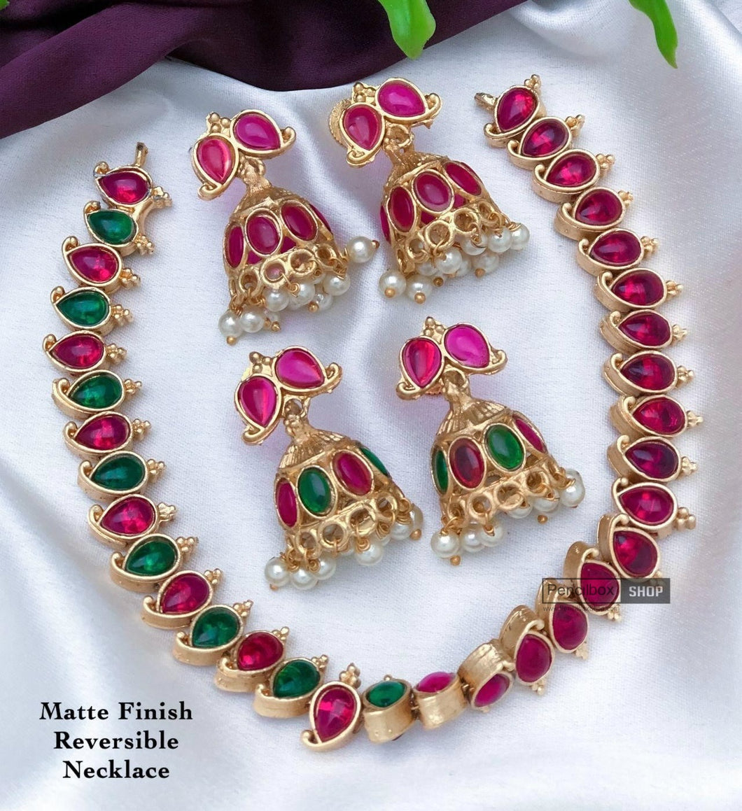 Ruby green Changeable matte golden Stone Necklace set Temple Jewelry