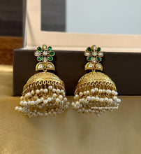 Load image into Gallery viewer, Pachi Kundan Green White Big Pearl Brass Jhumka earrings
