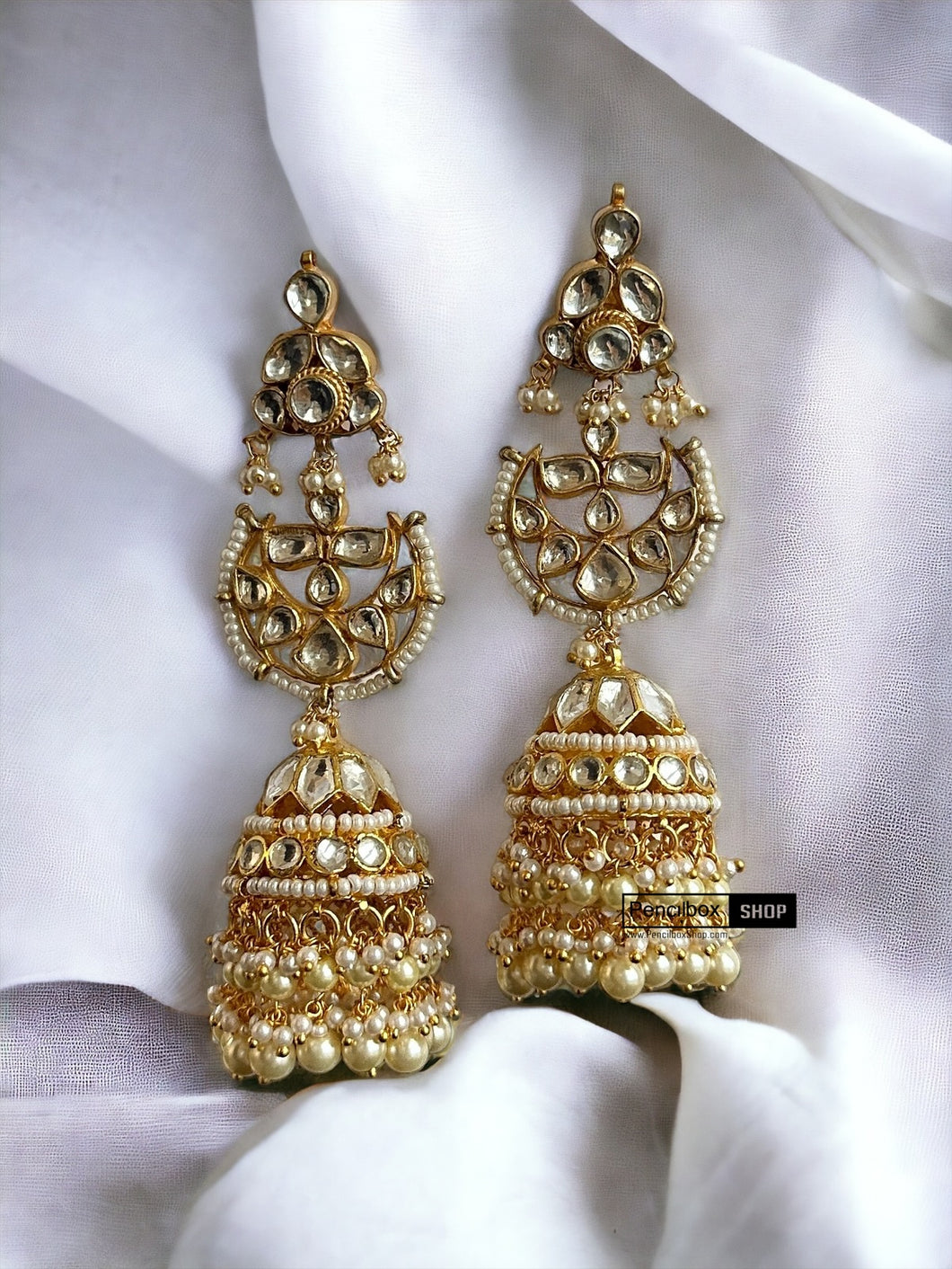 Pachi Kundan Brass White Jhumka Statement Designer Earrings