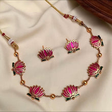 Load image into Gallery viewer, TRENDING enamel Meenakari Lotus Golden Necklace set
