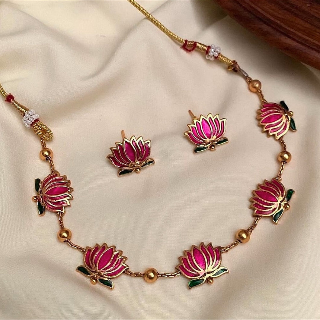 TRENDING enamel Meenakari Lotus Golden Necklace set