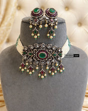 Load image into Gallery viewer, Ruby Green Silver Celebrity American Diamond Choker necklace set
