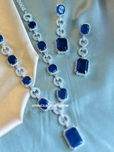 Load image into Gallery viewer, Tara-American Diamond Royal Blue Silver Finish Long Designer Necklace set
