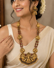 Load image into Gallery viewer, Long Haram Silver Replica Real Kemp Stone Multicolor cz kemp Stone Necklace set temple jewelry
