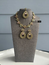 Load image into Gallery viewer, Mint pink Golden polki Single line Neckline Necklace set with jhumkas and maangtikka
