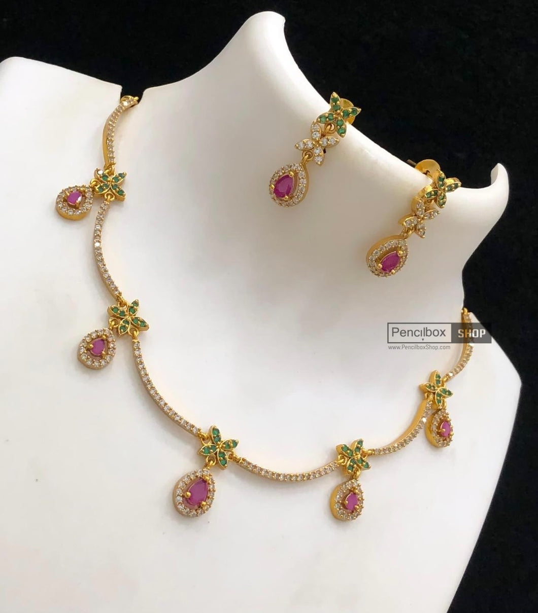 Hanging Dainty multicolor Simple American Diamond cz Necklace set