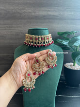 Load image into Gallery viewer, Ruby Polki Kundan Golden Pearl Choker Necklace set with Maangtikka
