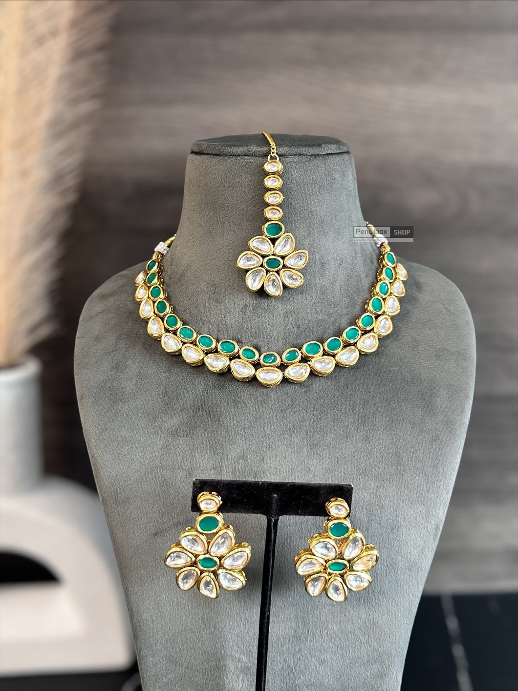 Radha Green Double layered Kundan back Meenakari Necklace set