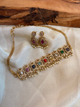Load image into Gallery viewer, American Diamond Cz Dainty Navratna Choker necklace set
