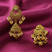 Load image into Gallery viewer, Golden Kundan Pearl drop Indian jhumka ethnic earrings
