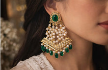 Load image into Gallery viewer, 14k Gold plated Green White Pearl Temple earrings
