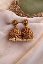 Load image into Gallery viewer, Temple Painted Lakshmi Ganesha Jhumka Earrings
