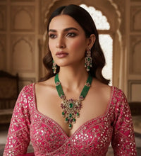 Load image into Gallery viewer, Solitaire Long Green Peacock Multicolor MM Necklace set

