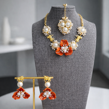 Load image into Gallery viewer, Nandi Contemporary Designer orange Flower Natural Stone Necklace set with maangtikka

