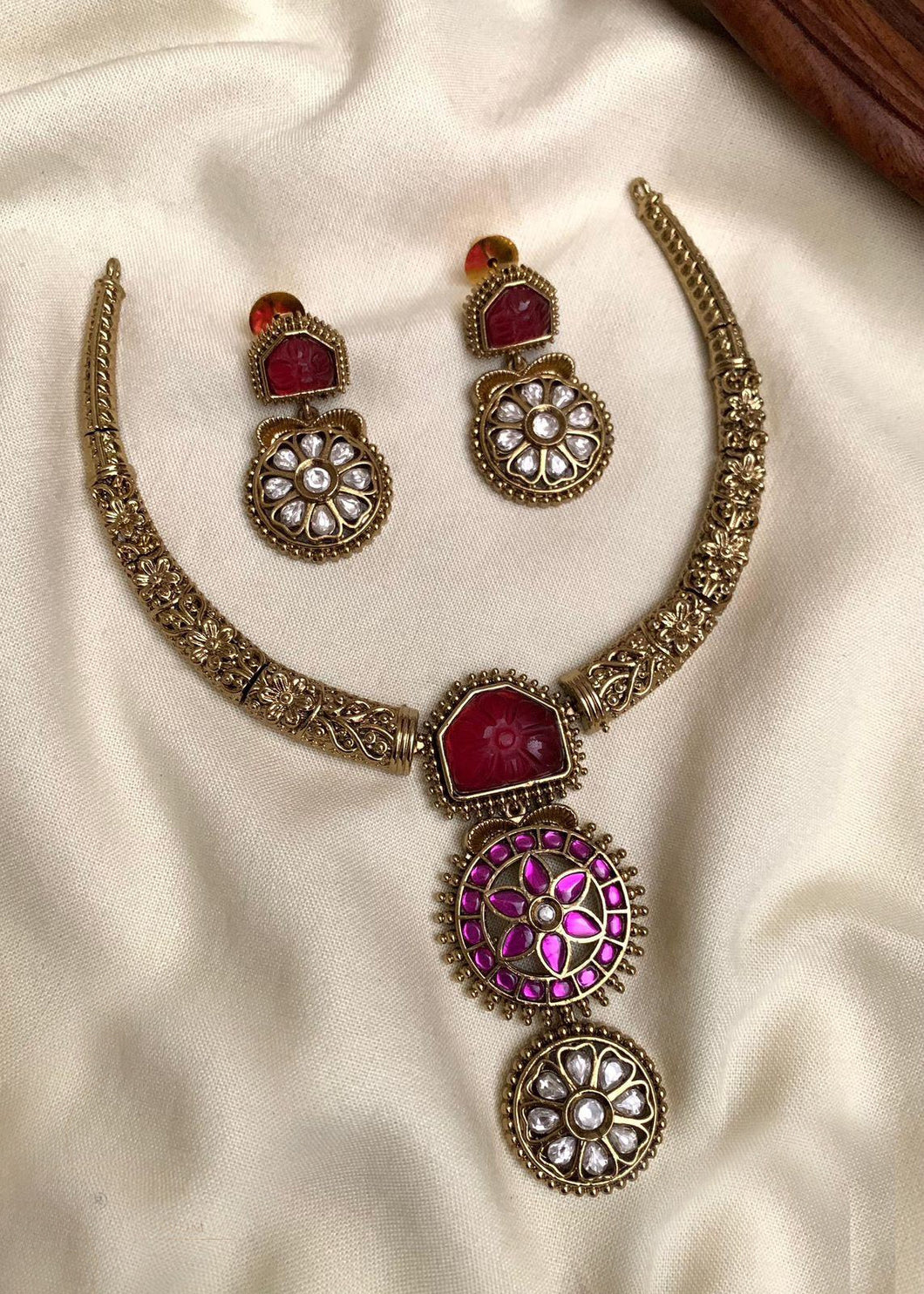 Ruby Premium Carved Stone Hasli ethnic Temple necklace set