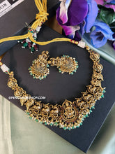 Load image into Gallery viewer, Lakshmi ji peacock Kemp stone Mint Golden Beads Necklace set
