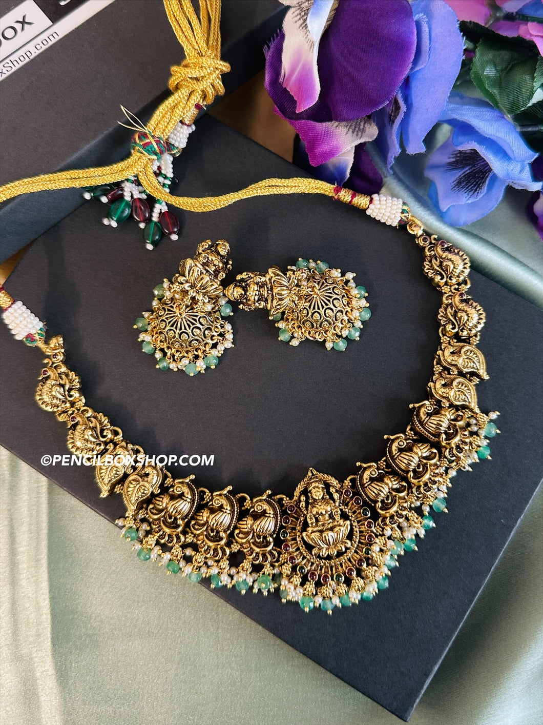 Lakshmi ji peacock Kemp stone Mint Golden Beads Necklace set