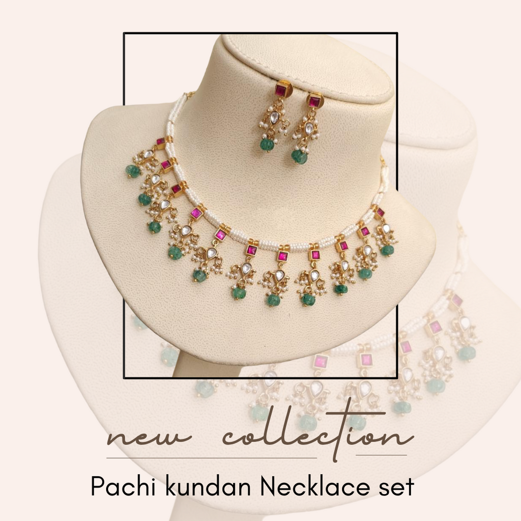 Pachi kundan White Pearl hydro beads necklace set