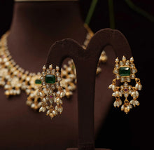 Load image into Gallery viewer, Premium Kemp Stone Rice Pearl Temple Guttapusalu  Ethnic Necklace set

