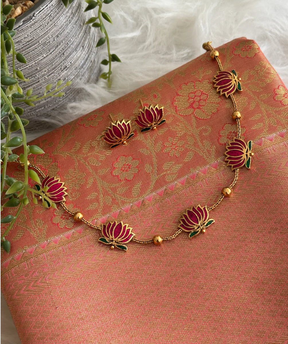 TRENDING enamel Meenakari Lotus Golden Necklace set