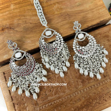 Load image into Gallery viewer, Silver Mirror Big Pearl Long Earrings with Maangtikka
