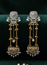 Load image into Gallery viewer, Elephant 92.5 silver coated Fusion Long Ghungroo Carved stone pearl Kashmiri earrings
