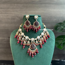 Load image into Gallery viewer, 22k gold plated Ruby Carved Stone Drop Tayani Necklace set
