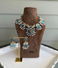 Load image into Gallery viewer, German silver Dual Tone peacock big stone statement  necklace set
