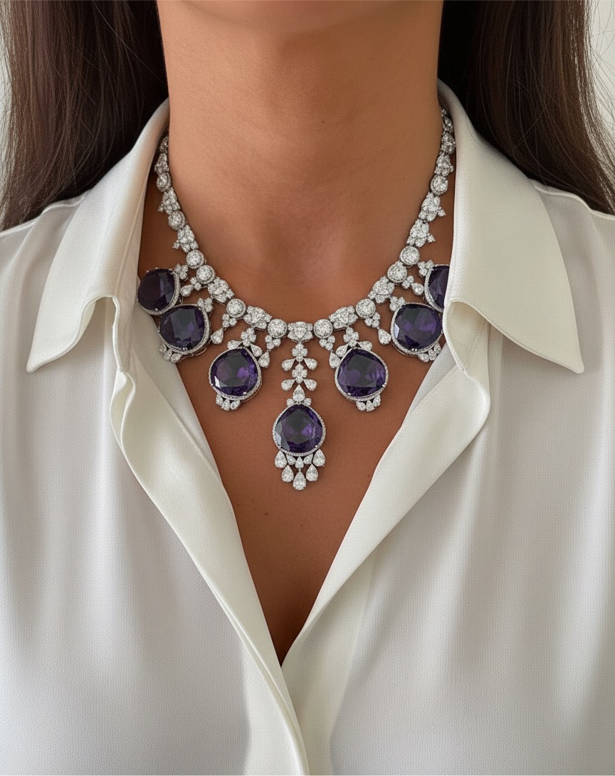 Amethyst Drop Diamond Statement Necklace Set