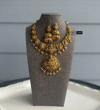 Load image into Gallery viewer, Golden  Exclusive Lakshmi ji cz kemp stone Necklace set Temple Jewelry
