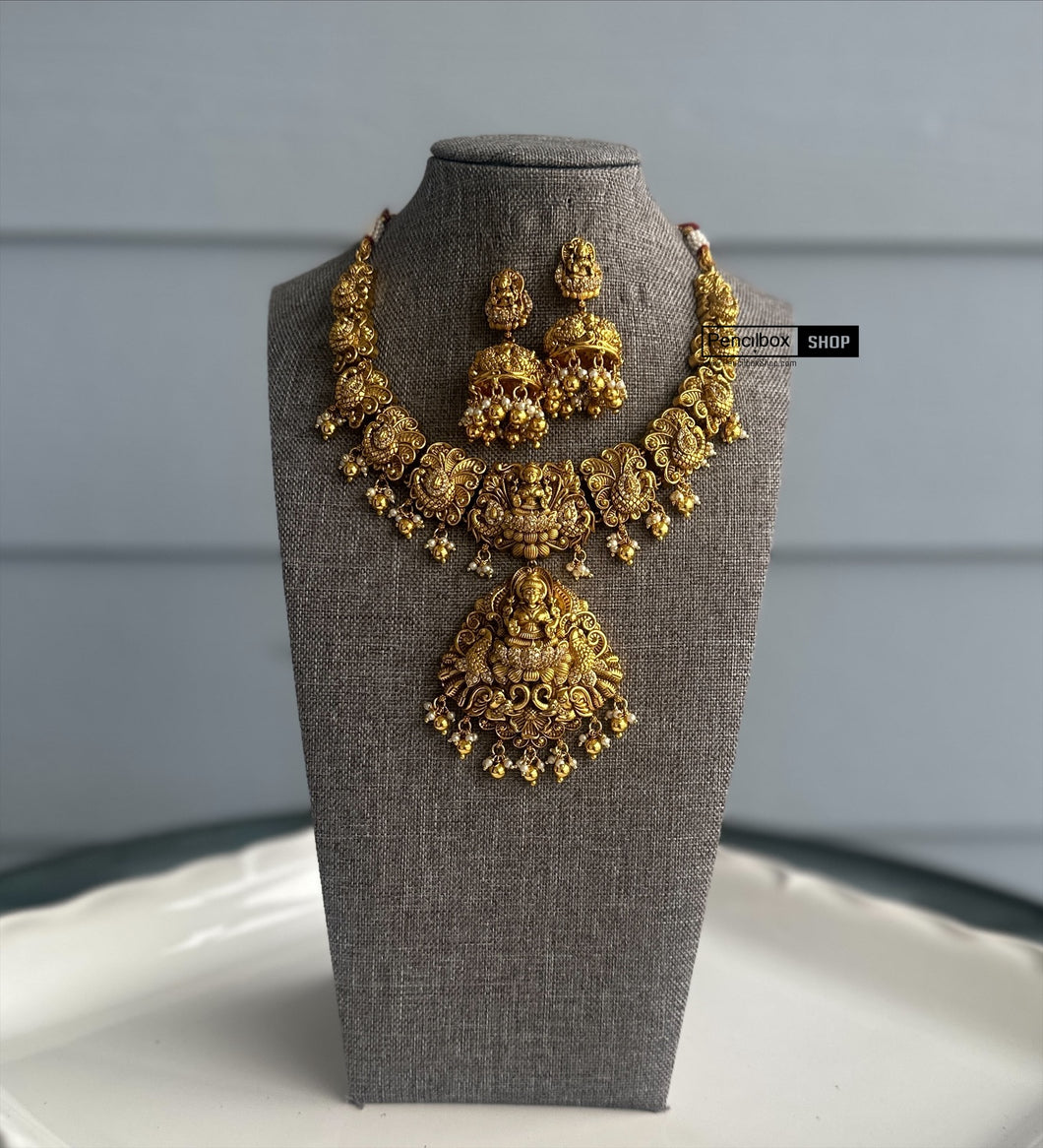 Golden  Exclusive Lakshmi ji cz kemp stone Necklace set Temple Jewelry