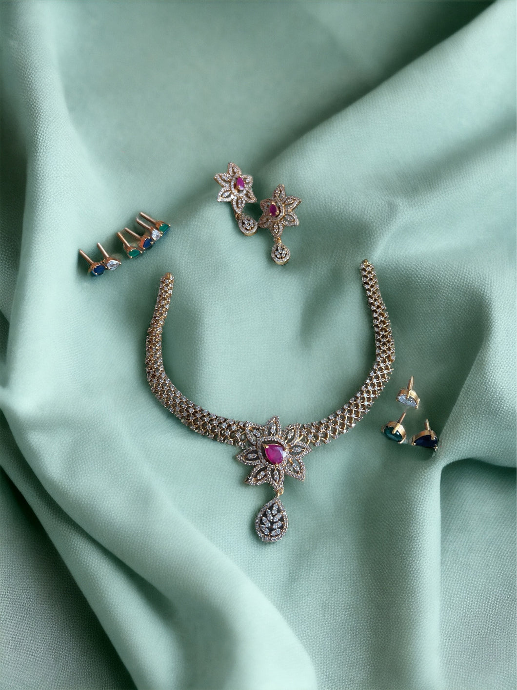 Changeable Multicolor Flower cz ethnic Necklace set